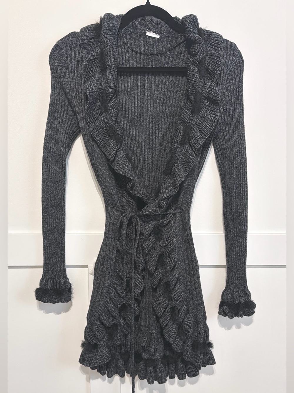 Grey Ruffled whimsigoth Open-Front Knit Cardigan